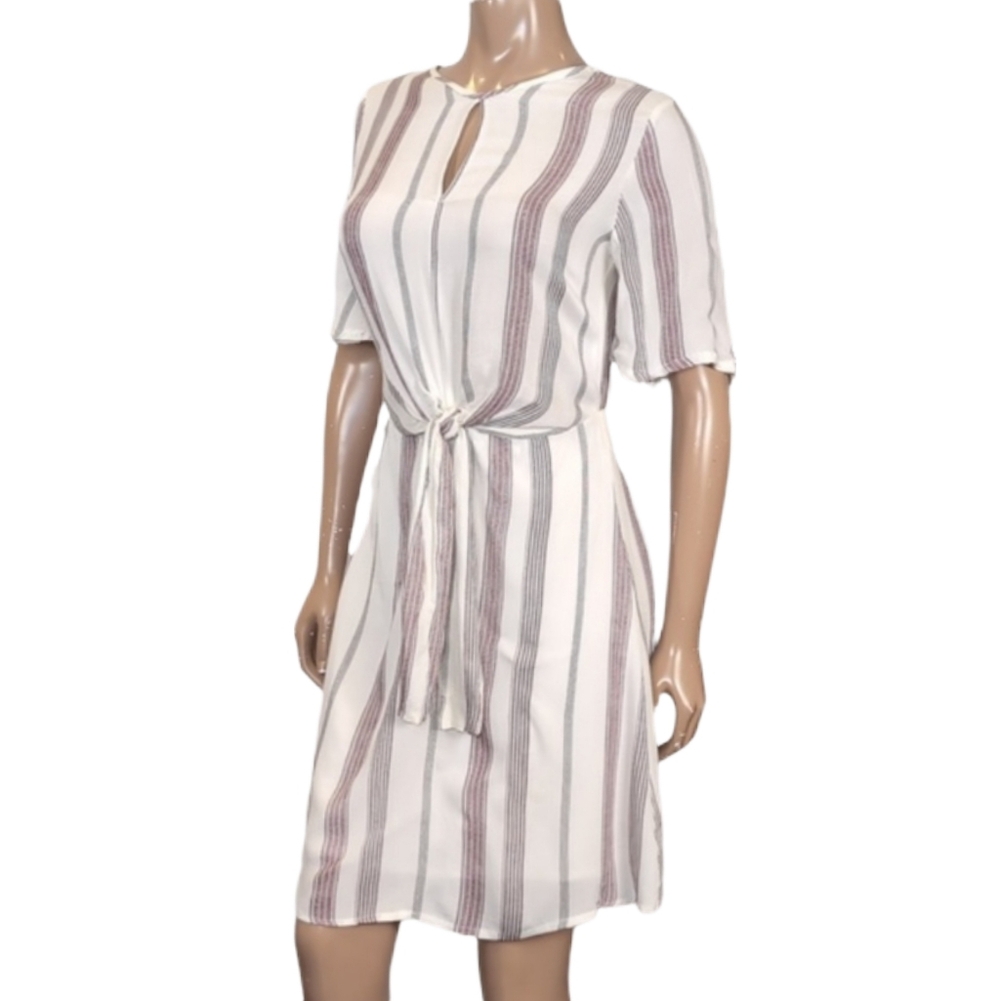 Japna Striped Tie-Front Keyhole Dress White Maroon Womens Size Medium
